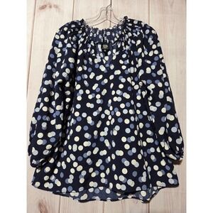 Boboau Navy Blue Polka Dot Smocked Neck Long Sleeve Blouse Top XL